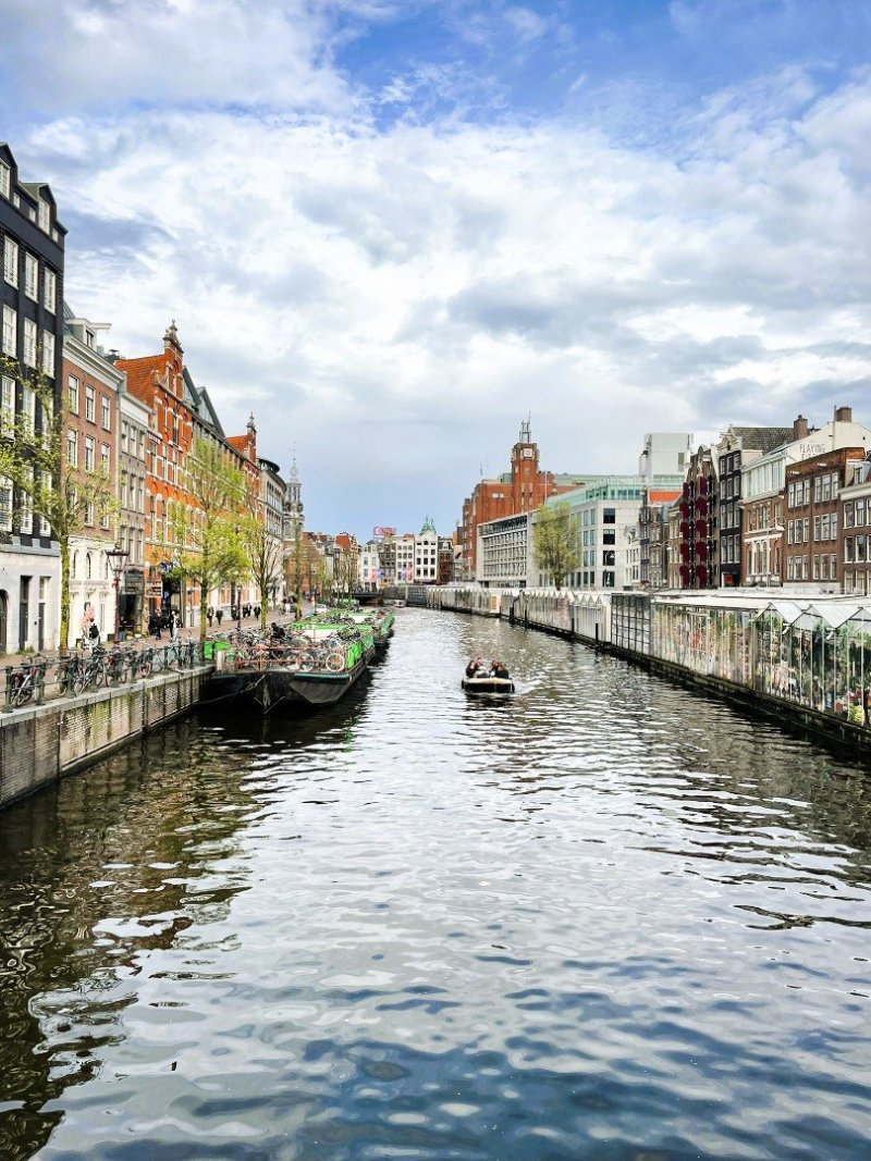 Amsterdam: Kanál Singel s proslulým plovoucím květinovým trhem Bloemenmarkt.